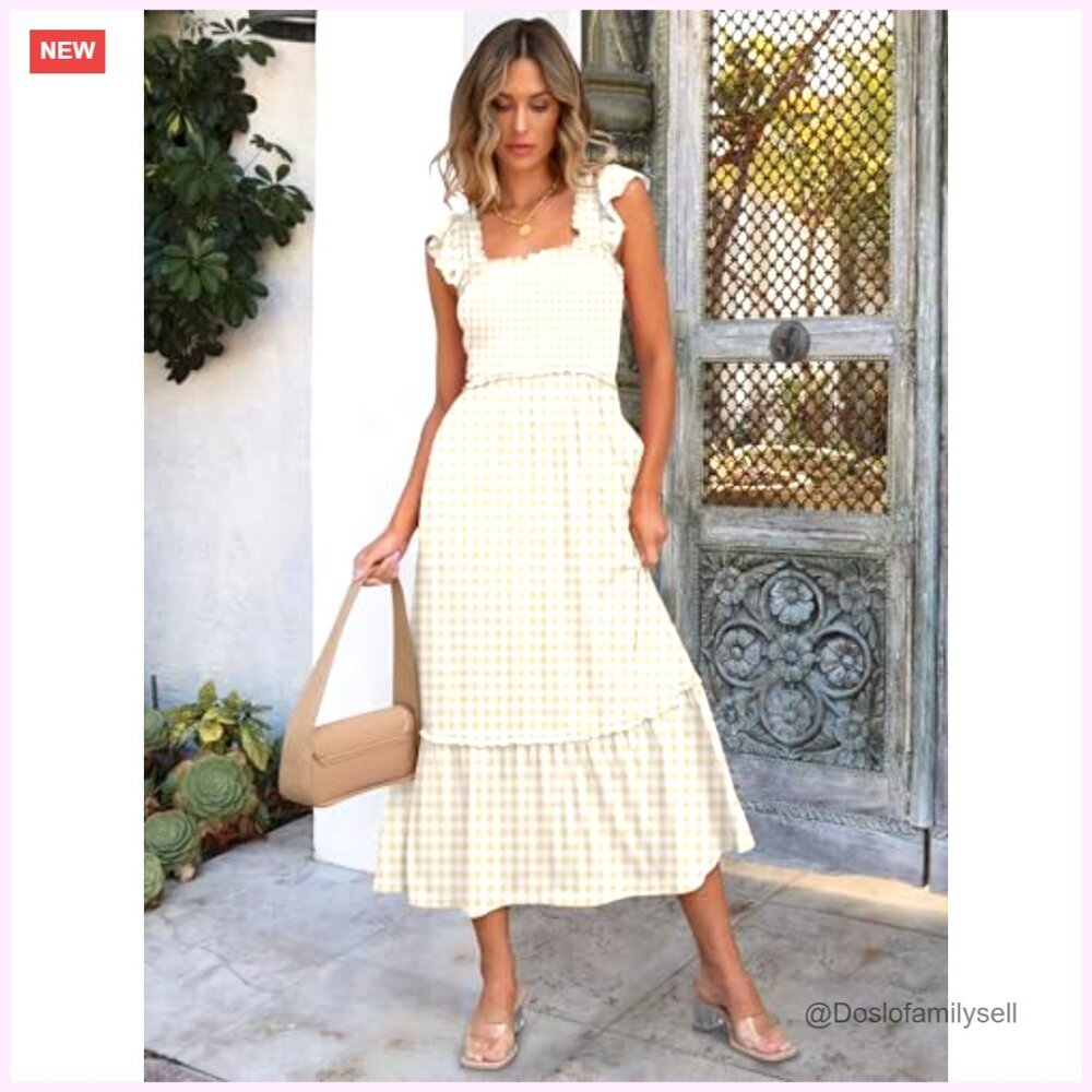 Sleeveless Maxi Dress Square Neck Smocked Boho Casual Ruffle Strap Flowy - Picture 2 of 7